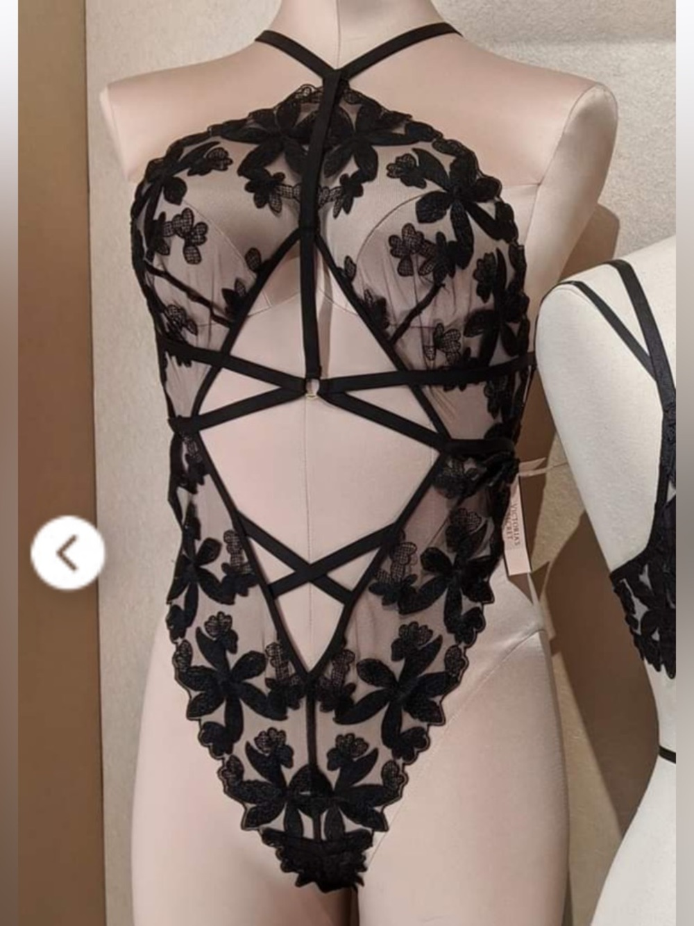 NWT Victoria's Secret Black Floral Lace Strappy Bodysuit